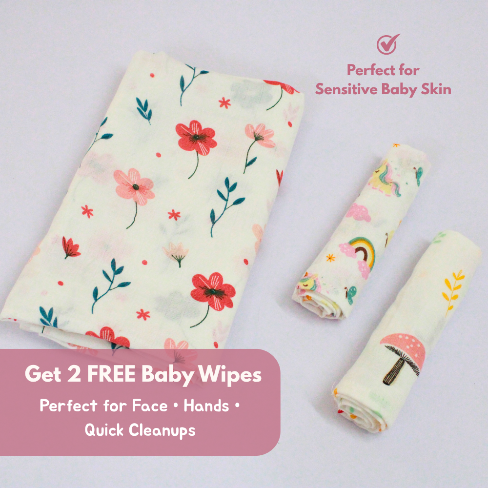 Floral Baby Muslin Towel Set (120 x 100 cm) + 2 Free Wipes (10x10 inch)