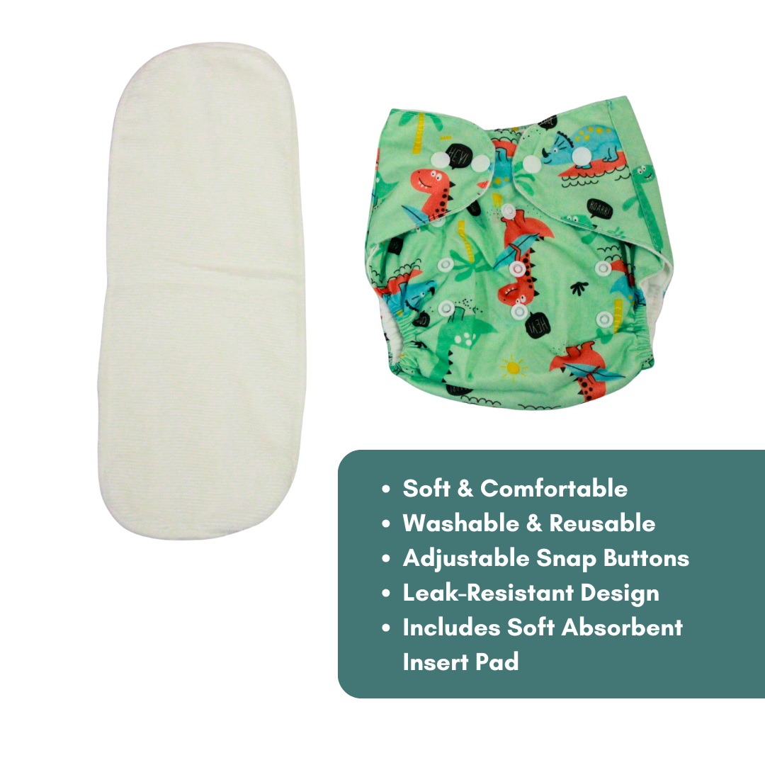 Dino Dream Adjustable Reusable Cloth Diaper with Insert Pad | 0β12 Months