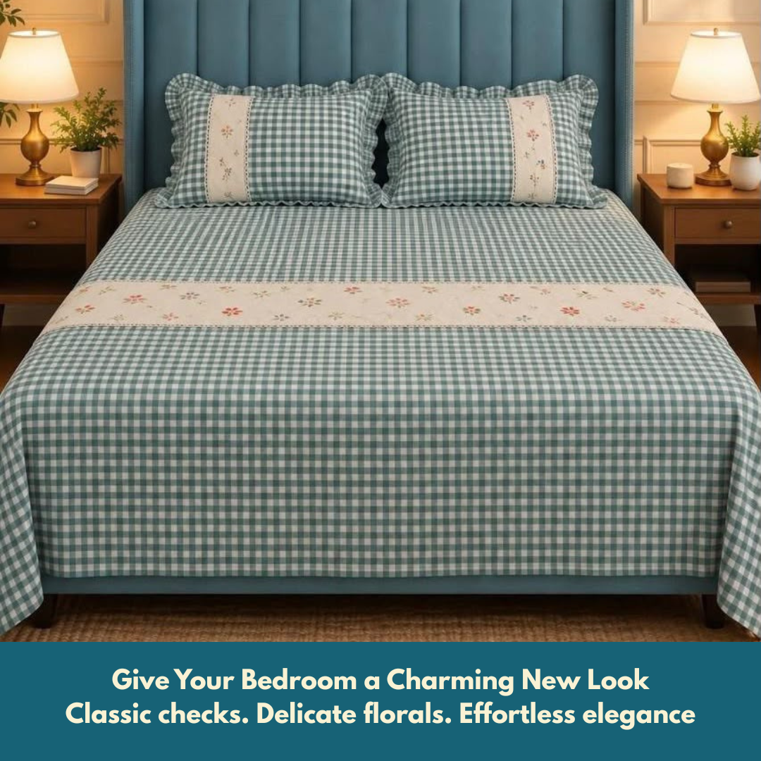 Blue Pure Cotton Floral Embroidered Bedspread with Lace Border – 108 × 108 Inches