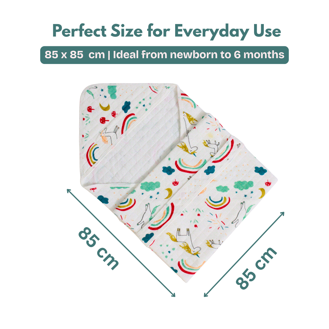 Rainbow Unicorn Print โ Muslin Quilted Hooded Blanket with Belt | 85 x 85 cm | Pack of 1