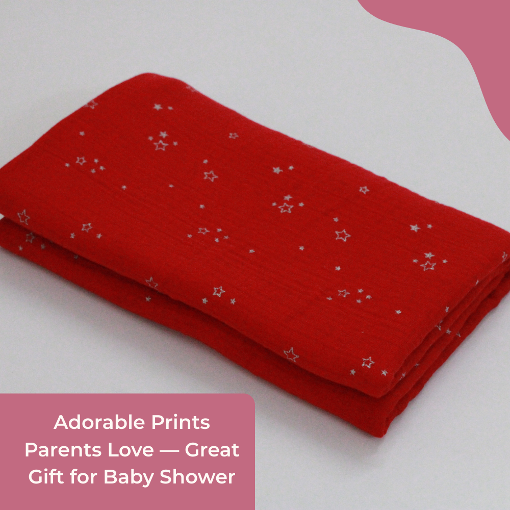 Muslin Swaddle Blanket for Newborn Baby (120 x 100 cm, Red little star printed , Pack of 1)