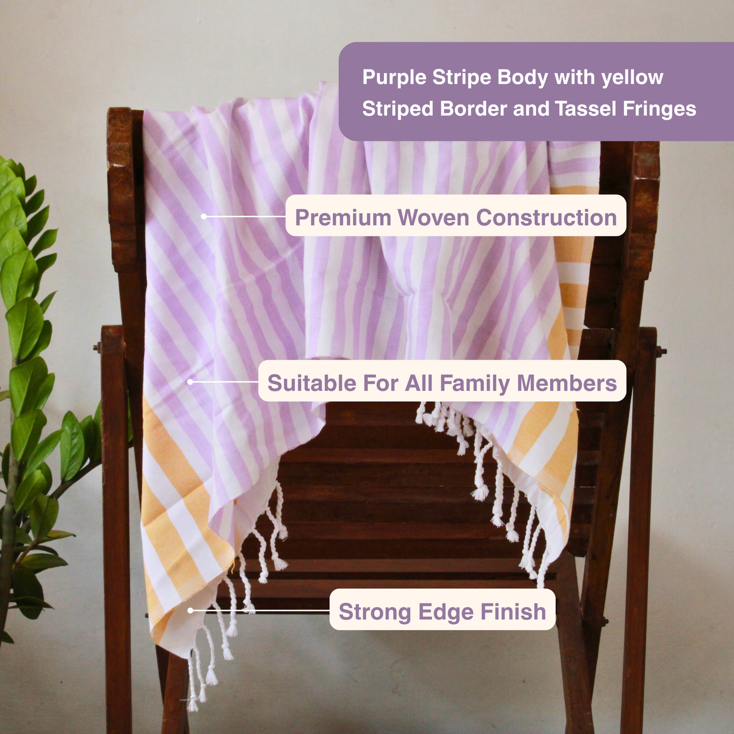 Premium Cotton Bath Towel 150 x 75 cm | Pack of 1 (Lavender with Mustard stripes)