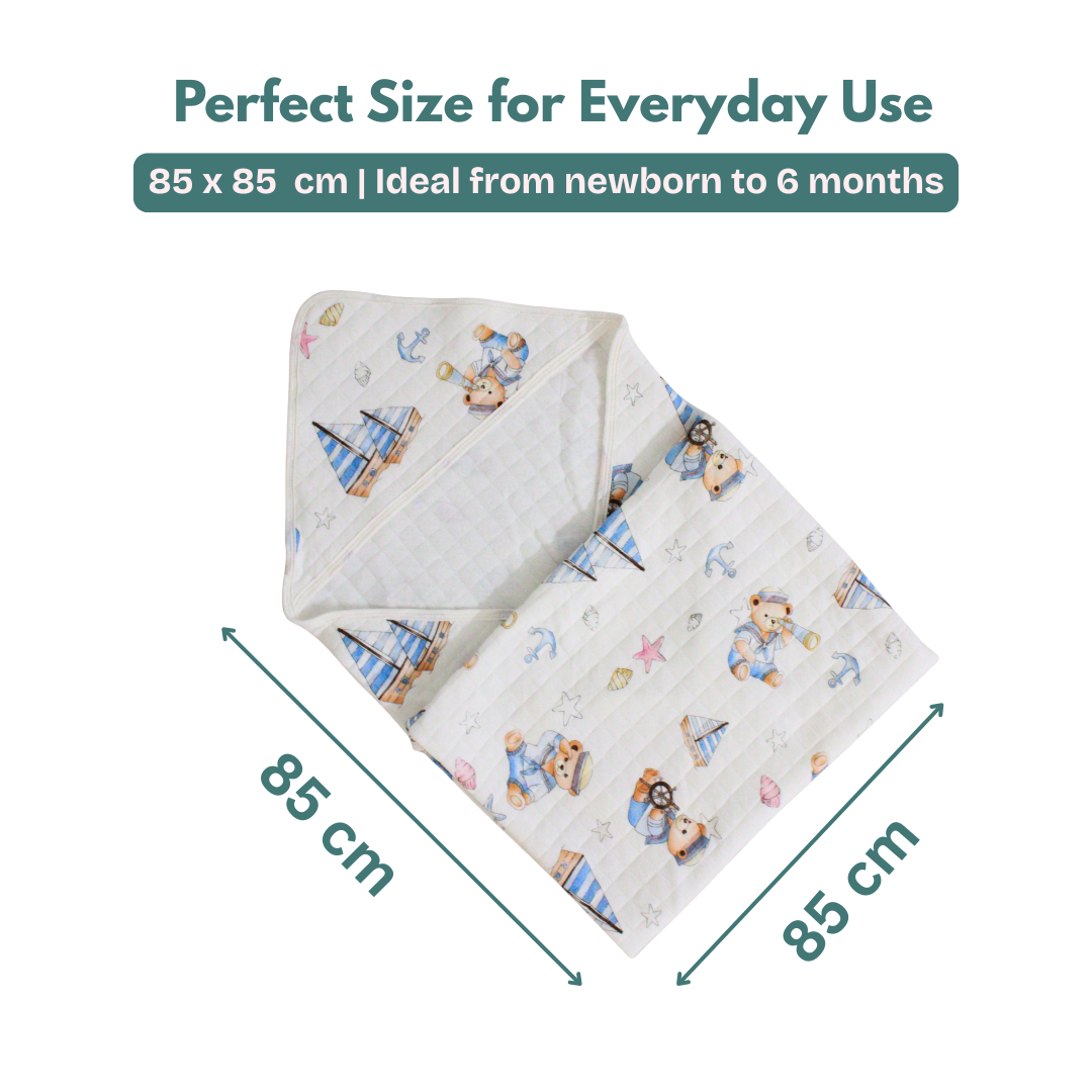 Little teddy Print โ Muslin Quilted Hooded Blanket with Belt | 85 x 85 cm | Pack of 1
