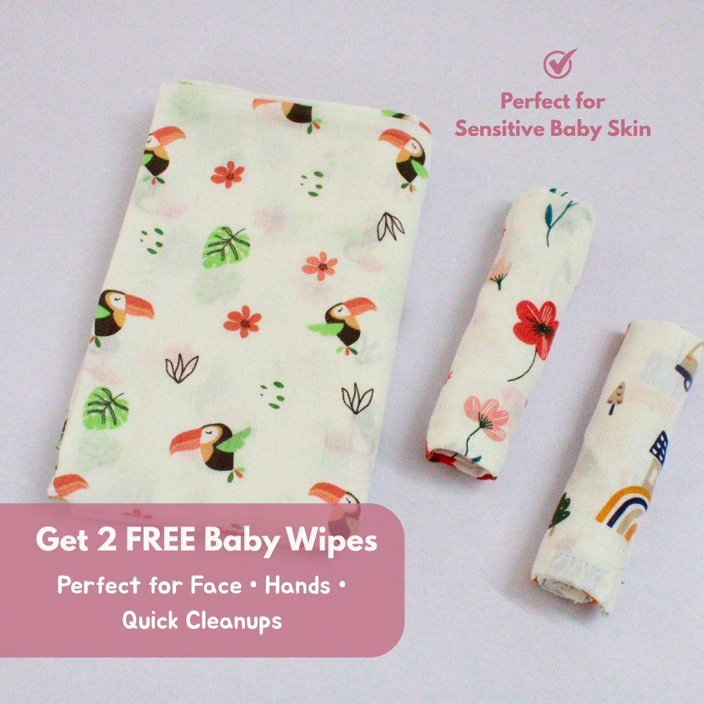 Tropical Toucan Baby Muslin Towel Set (120 x 100 cm) + 2 Free Wipes (10x10 inch)