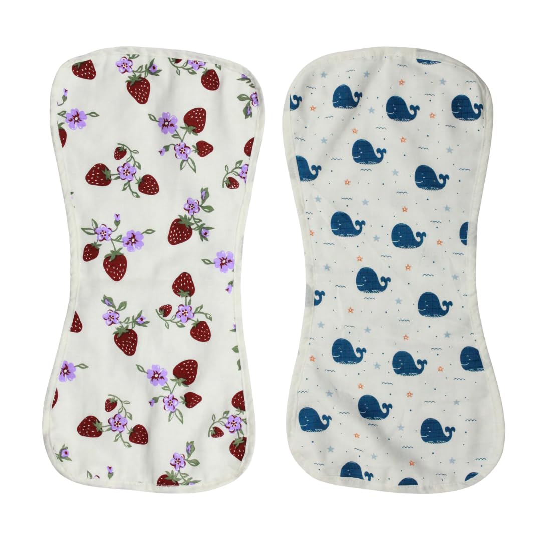BIGMOON 100% Cotton Muslin berry & shark Burp Cloth(3 Layer) - Pack of 2 | Size: 26 x 53 cm (10.5 x 21 inches)