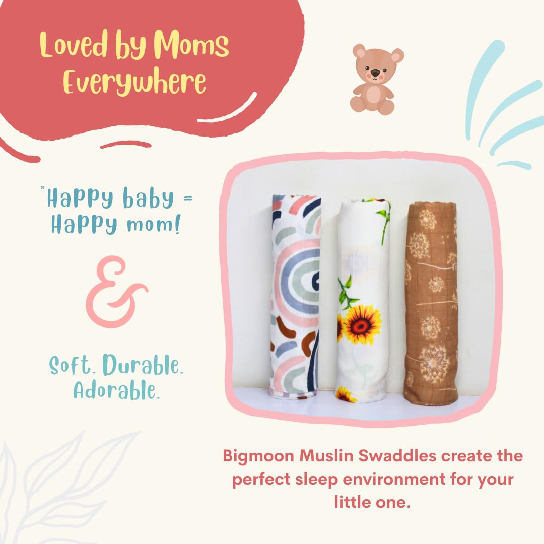 Premium Muslin Swaddle Combo – Set of 3 (Sunflower, Aesthetic Brown, Rainbow)