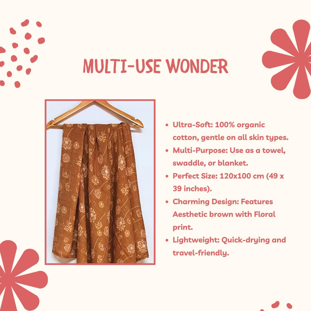 100% Organic Baby Aesthetic Brown Floral Muslin Bath Towel 120x100 cm (49 x 39 Inches) –