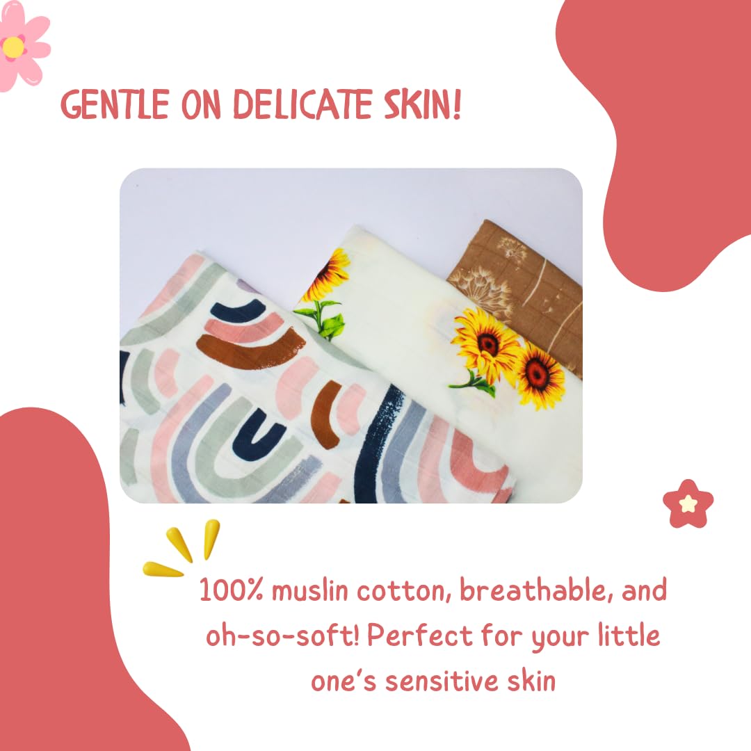 Premium Muslin Swaddle Combo – Set of 3 (Sunflower, Aesthetic Brown, Rainbow)