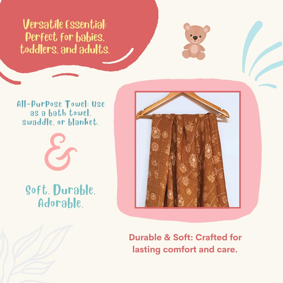 100% Organic Baby Aesthetic Brown Floral Muslin Bath Towel 120x100 cm (49 x 39 Inches) –