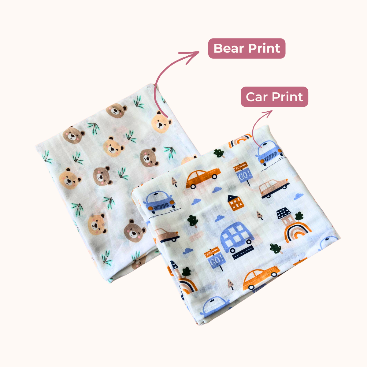 Car & Teddy Bear 100% GOTS Certified | Double Layer Muslin Swaddle (70 x 70 cm, Pack of 2)