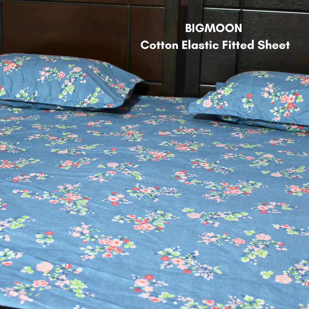 BigMoon Midnight Bloom – Blue Floral Cotton Elastic Fitted Sheet (72x78x14")