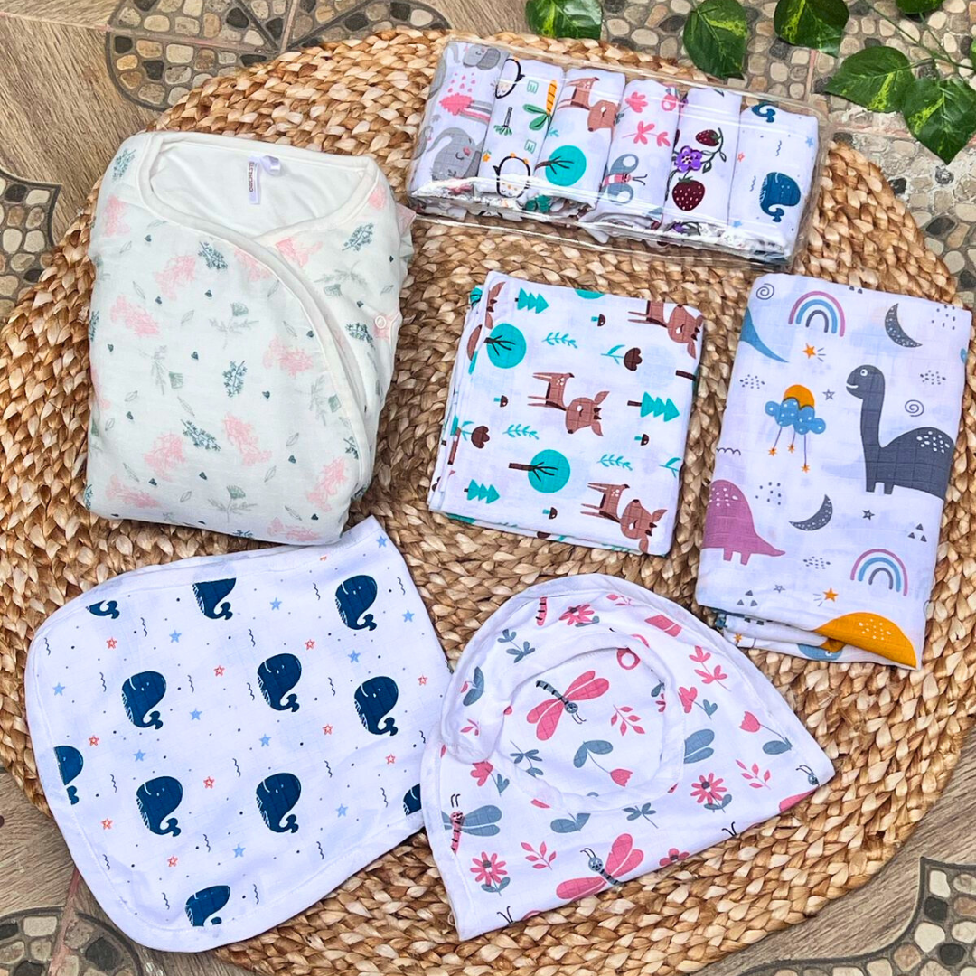 Newborn Baby Essentials Combo – 6-in-1 Organic Muslin Set (₹999 Only)