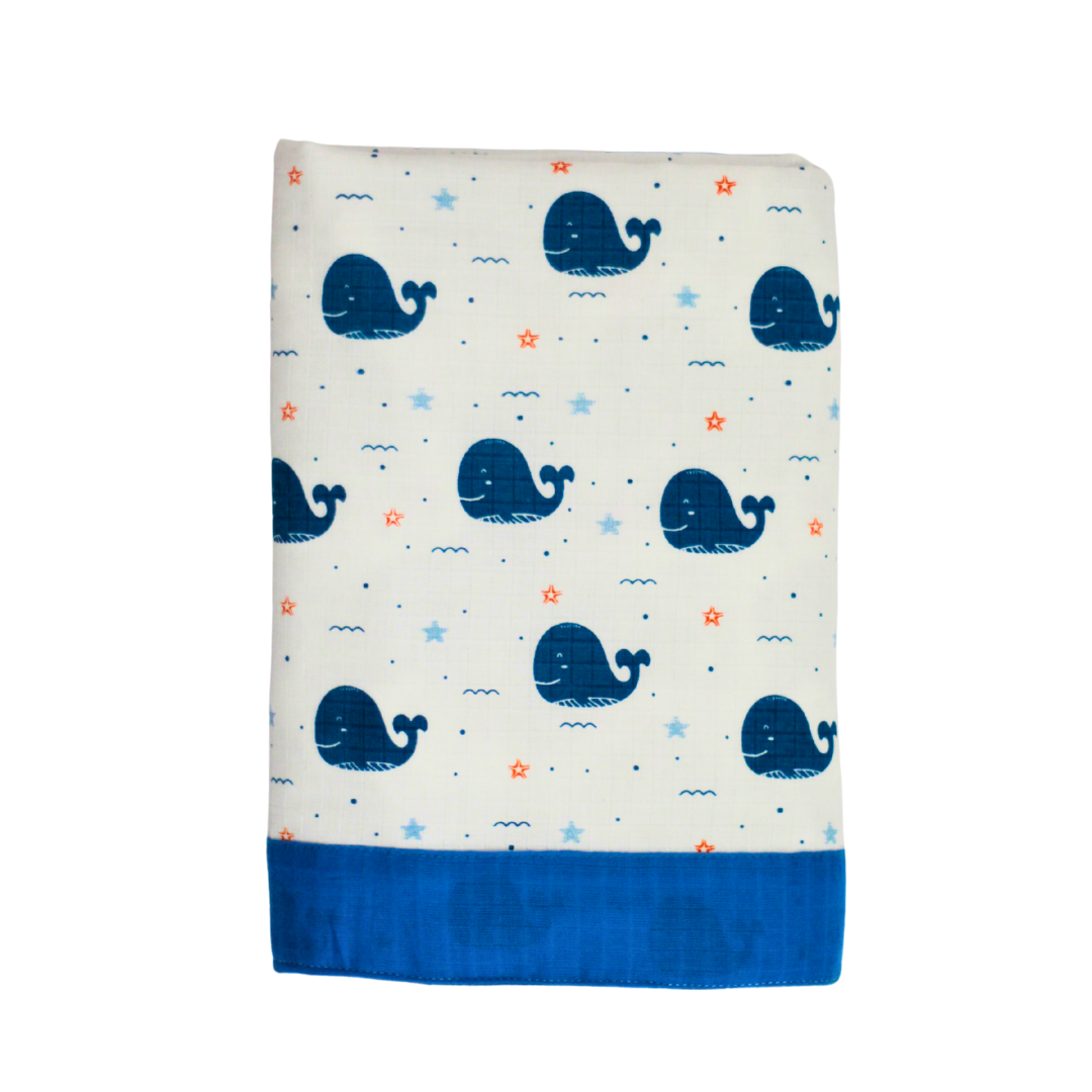 Bigmoon Organic Muslin Reversible Baby Blanket – 6-Layer Soft Cotton Blanket for Newborns, Boys & Girls (105 x 105 cm, Shark,Penquin Print)