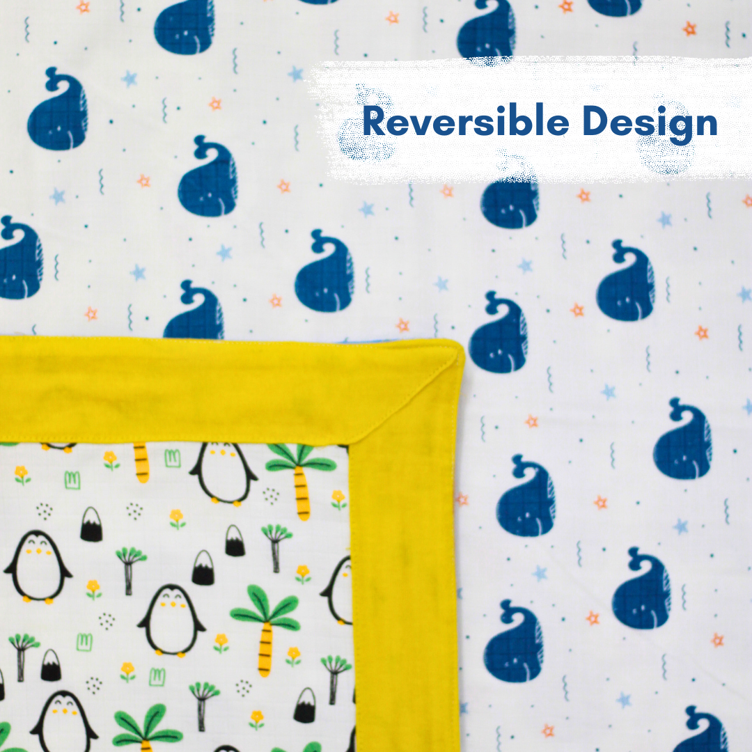 Bigmoon Organic Muslin Reversible Baby Blanket – 6-Layer Soft Cotton Blanket for Newborns, Boys & Girls (105 x 105 cm, Shark,Penquin Print)