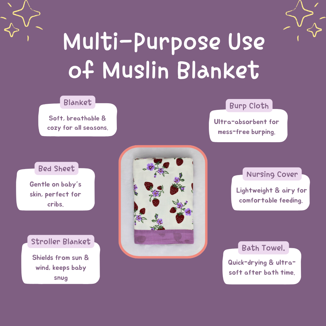 Organic Muslin Reversible Baby Blanket – 6-Layer Cotton Blanket for Newborns (105 x 105 cm, Strawberry Print)