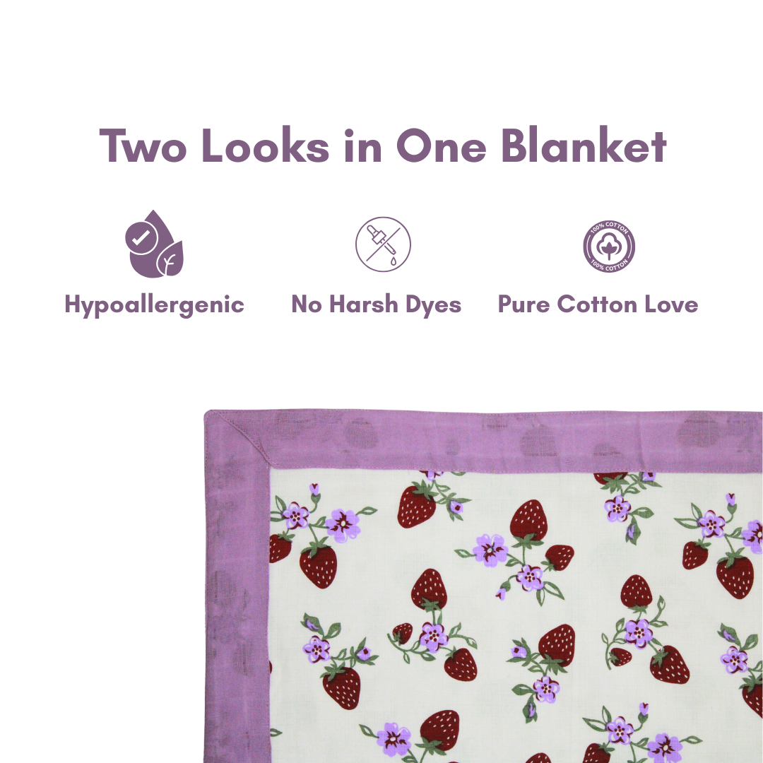Organic Muslin Reversible Baby Blanket – 6-Layer Cotton Blanket for Newborns (105 x 105 cm, Strawberry Print)