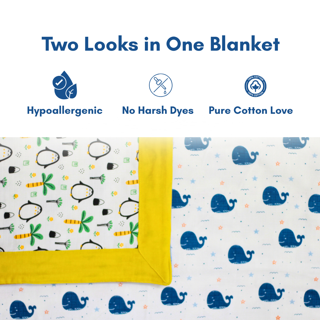 Bigmoon Organic Muslin Reversible Baby Blanket – 6-Layer Soft Cotton Blanket for Newborns, Boys & Girls (105 x 105 cm, Shark,Penquin Print)