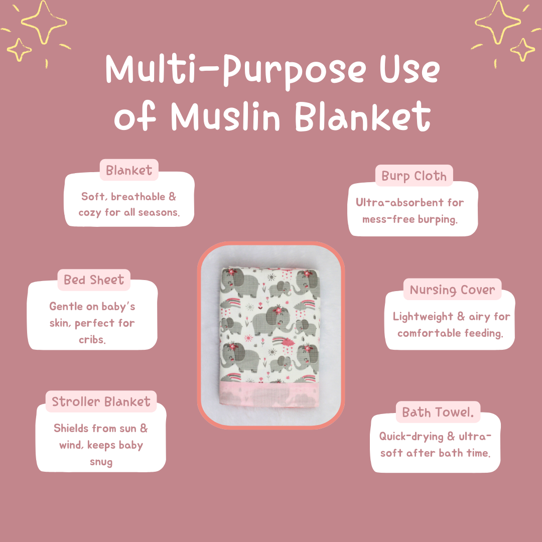 Bigmoon Organic Muslin Reversible Baby Blanket – 6-Layer Soft Cotton Blanket for Newborns, Boys & Girls (105 x 105 cm Elephant Print)