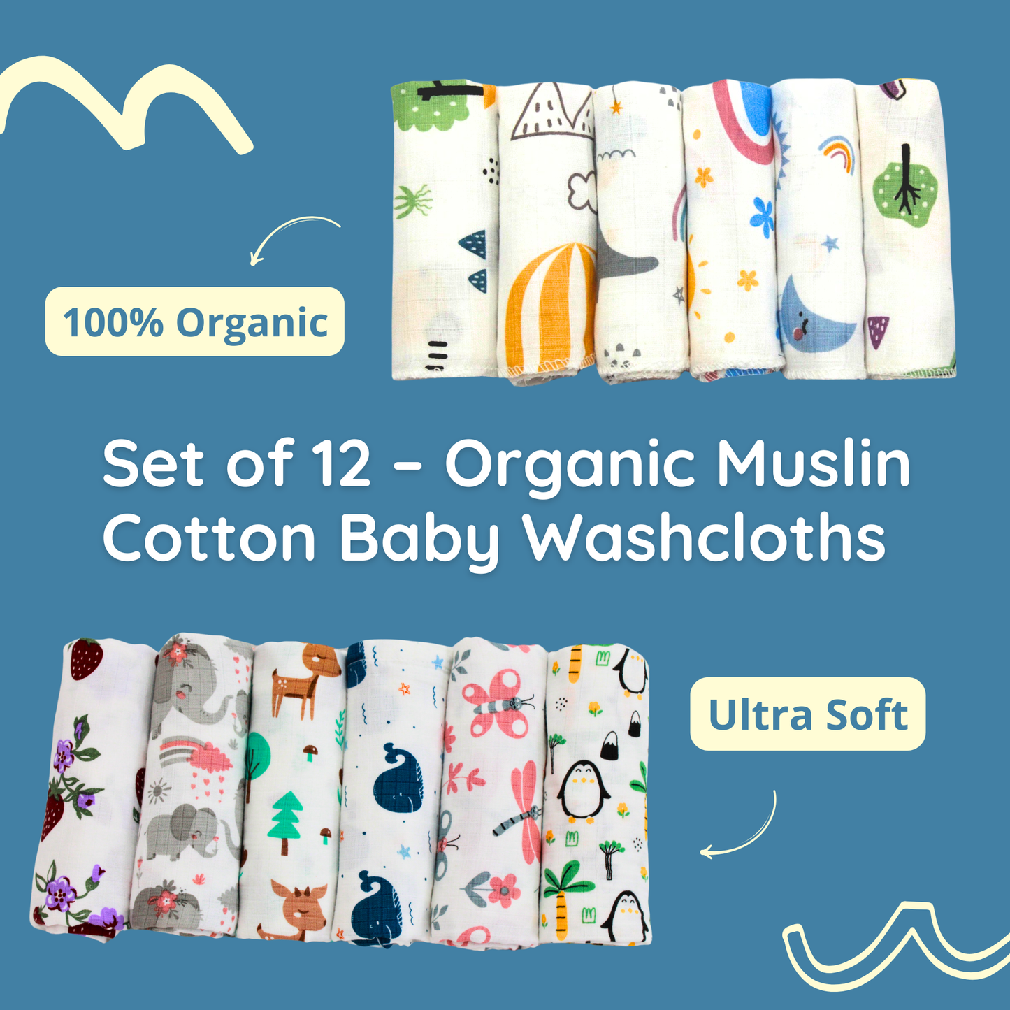 Organic Muslin Cotton Baby Napkins – Set of 12