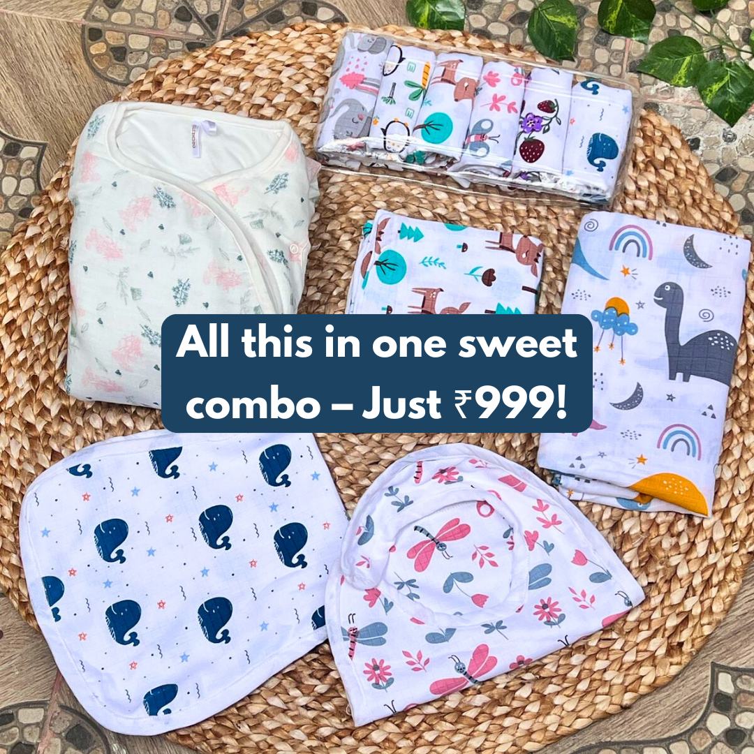 Newborn Baby Essentials Combo – 6-in-1 Organic Muslin Set (₹999 Only)