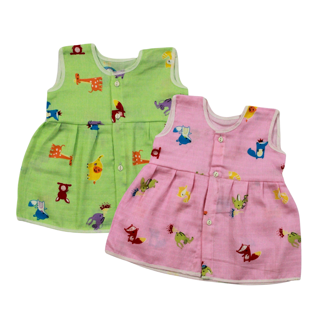 Muslin Cotton Baby Frocks | Pack of 2 | Ultra-Soft, Front-Open Design
