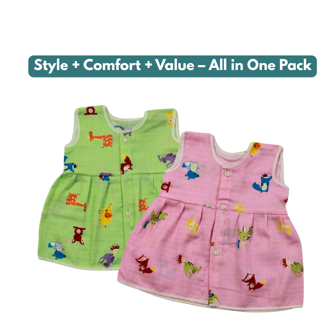 Muslin Cotton Baby Frocks | Pack of 2 | Ultra-Soft, Front-Open Design