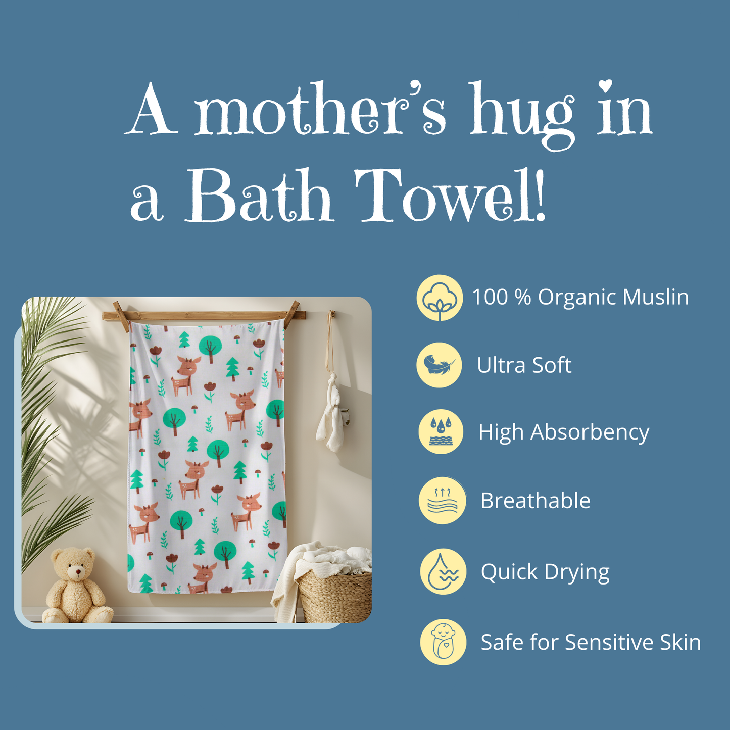 Muslin Baby Towel – 75x140 cm - Deer Elephant Print