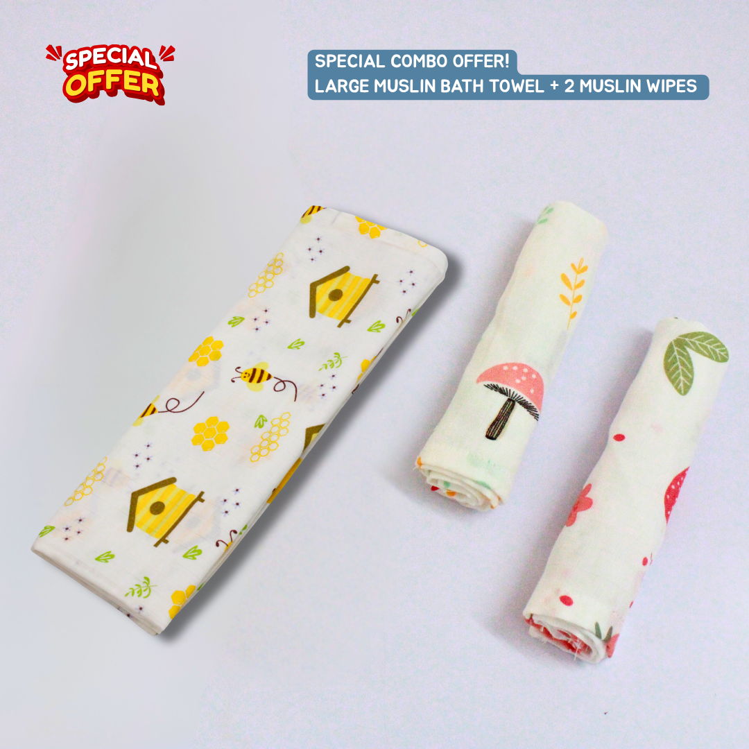 Honey Bee Baby Muslin Towel Set (145 x 70 cm) + 2 Wipes (10x10 inch)
