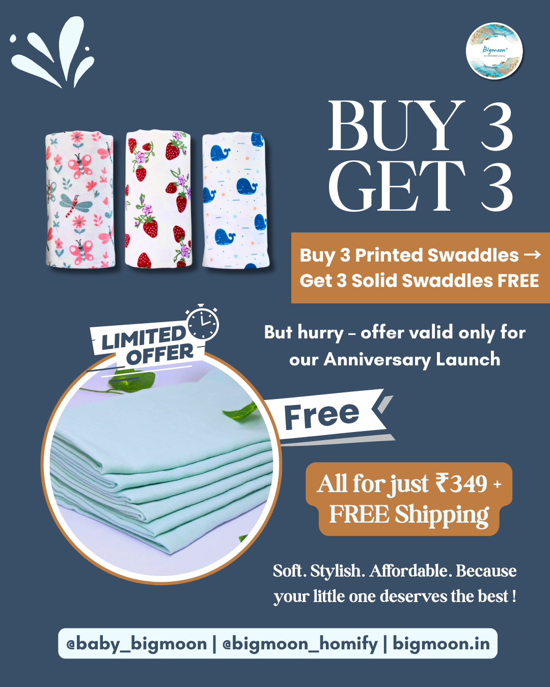 Buy 3 Printed Swaddles & Get 3 Solid Swaddles Free