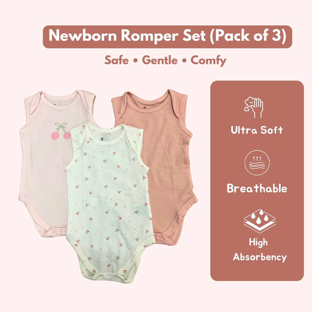 Newborn Premium Cotton Romper โ Pack of 3 ( baby Pink combo) for 0โ3 Months