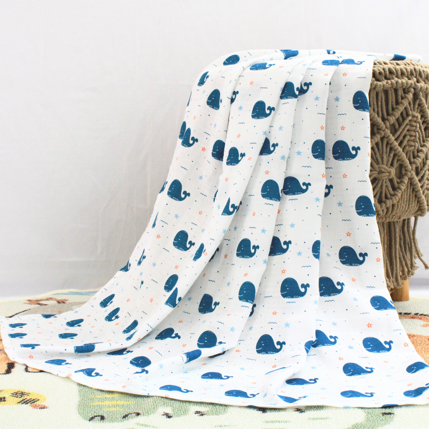 Bigmoon Baby Muslin Swaddle — Soft, Breathable, and Gentle Wrap for Newborns with Cute Whale Print. Perfect for Cozy, Comfortable, and Safe Baby Sleep.