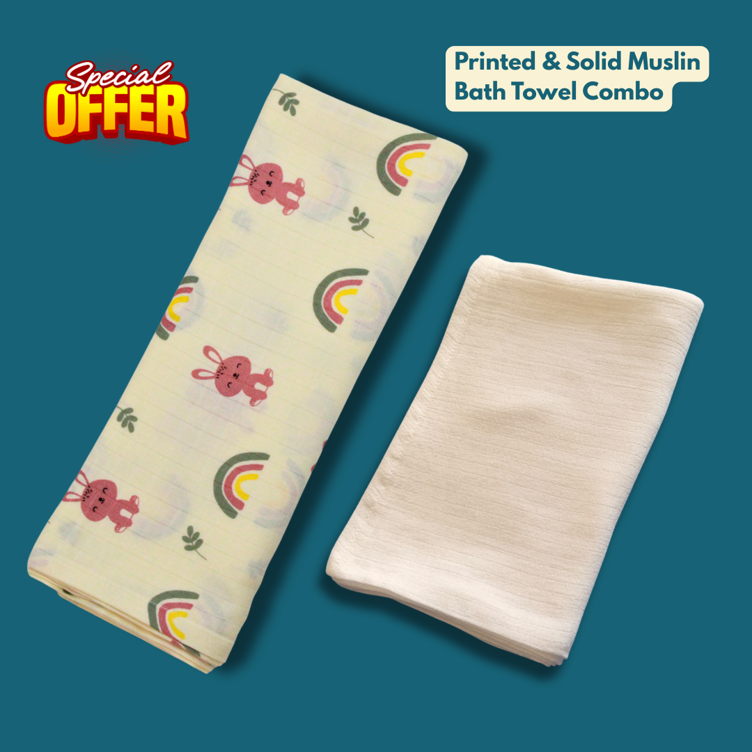 Printed & Solid Muslin Bath Towel Combo