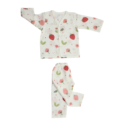 Organic Muslin Sleepsuit | Full Sleeve Top & Pant (Pack of 1, Strawberry Print)