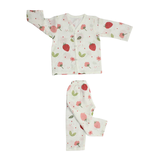 Organic Muslin Sleepsuit | Full Sleeve Top & Pant (Pack of 1, Strawberry Print)