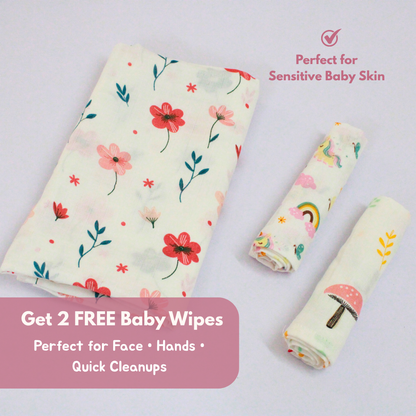 Floral Baby Muslin Towel Set (120 x 100 cm) + 2 Free Wipes (10x10 inch)