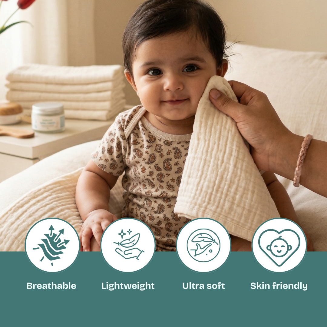 Muslin Baby 4 layer crinkled small sized Bath Towels (Pack of 5), 50 x 50 inch | Newborn to Toddler