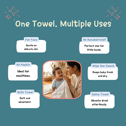 100% Organic Muslin Double layer Baby Face Towel (30 x 30 cm, Pack of 6)