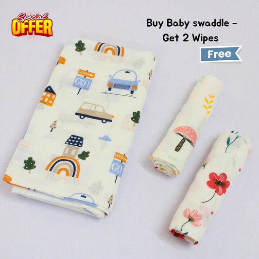 Little Road Trip Baby swaddle Set (120 x 100 cm) + 2 Free Wipes (10x10 inch)