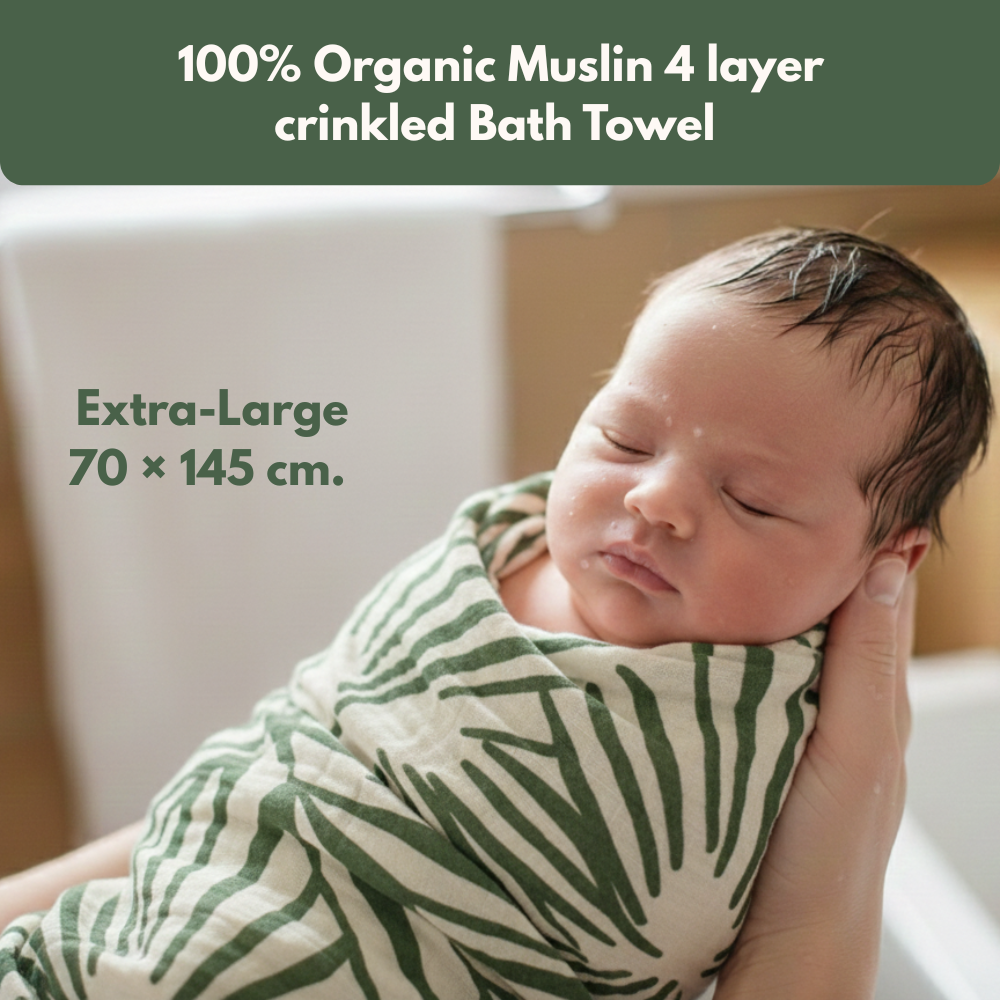 4 layer layer crinkled muslin bath towel (Green Leaf pattern, 70 × 145 cm, Pack of 1)