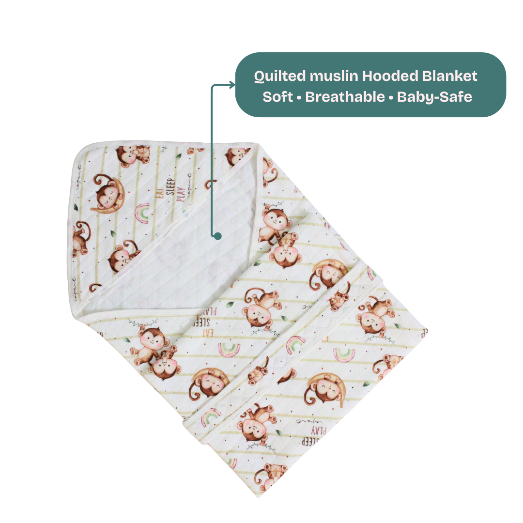 Playful Monkeys Print – Muslin Quilted Hooded Blanket with Belt | 85 x 85 cm | Pack of 1