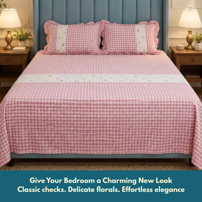 Soft Pink Pure Cotton Floral Embroidered Bedspread with Lace Border – 108 × 108 Inches