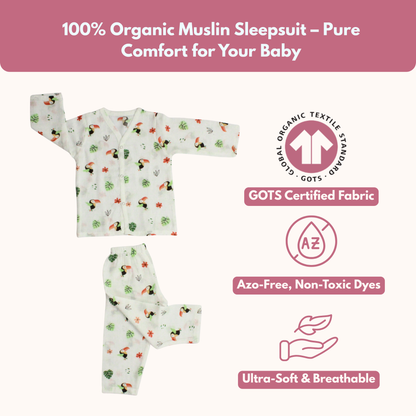 Organic Muslin Sleepsuit | Full Sleeve Top & Pant (Pack of 1, toucan bird)