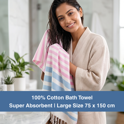 Premium Cotton Bath Towel 150 x 75 cm | Pack of 1 (Pink & Sky Blue Stripes)