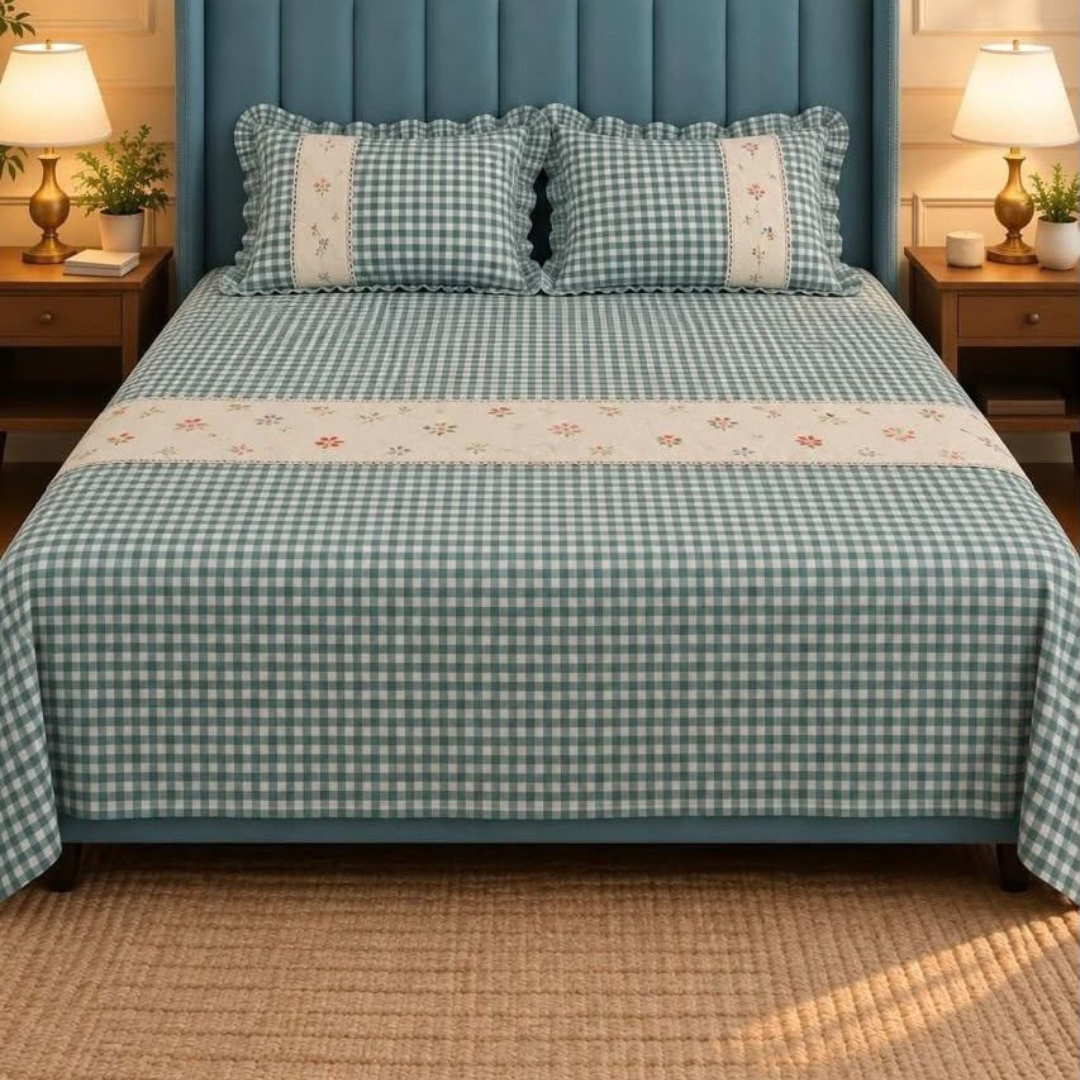 Blue Pure Cotton Floral Embroidered Bedspread with Lace Border – 108 × 108 Inches