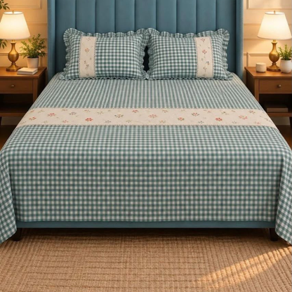 Blue Pure Cotton Floral Embroidered Bedspread with Lace Border – 108 × 108 Inches