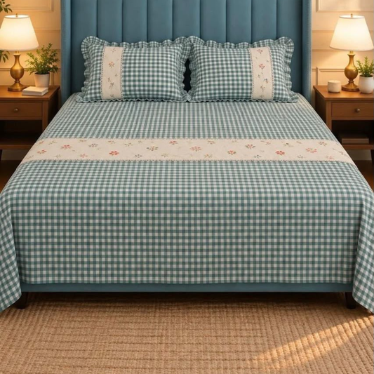 Blue Pure Cotton Floral Embroidered Bedspread with Lace Border – 108 × 108 Inches