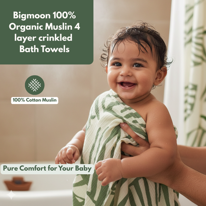 4 layer layer crinkled muslin bath towel (Green Leaf pattern, 70 × 145 cm, Pack of 1)