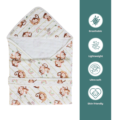 Playful Monkeys Print – Muslin Quilted Hooded Blanket with Belt | 85 x 85 cm | Pack of 1