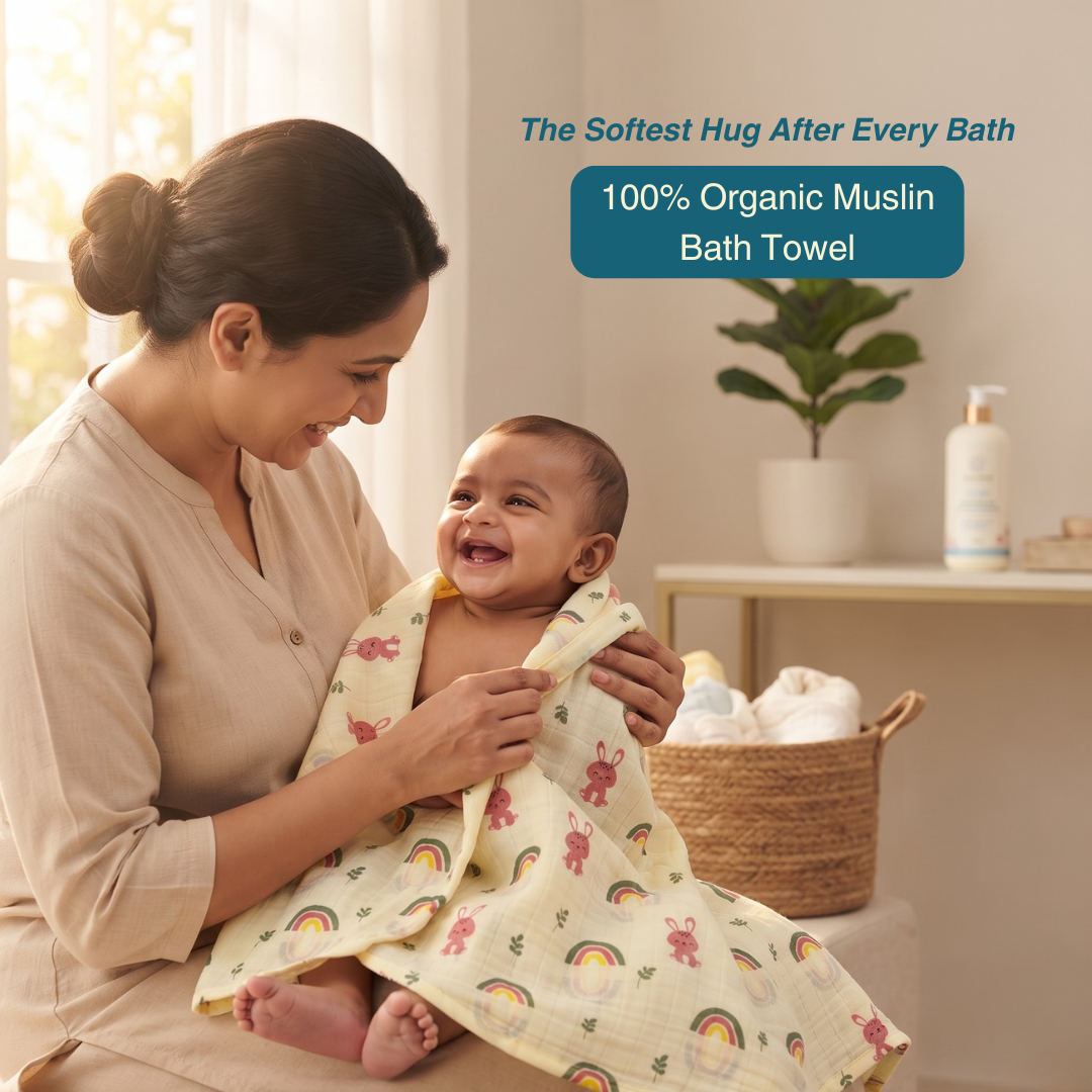 Rainbow Bunny 100% Organic Muslin Baby Bath Towel (100 × 70 cm)