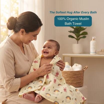Rainbow Bunny 100% Organic Muslin Baby Bath Towel (100 × 70 cm)